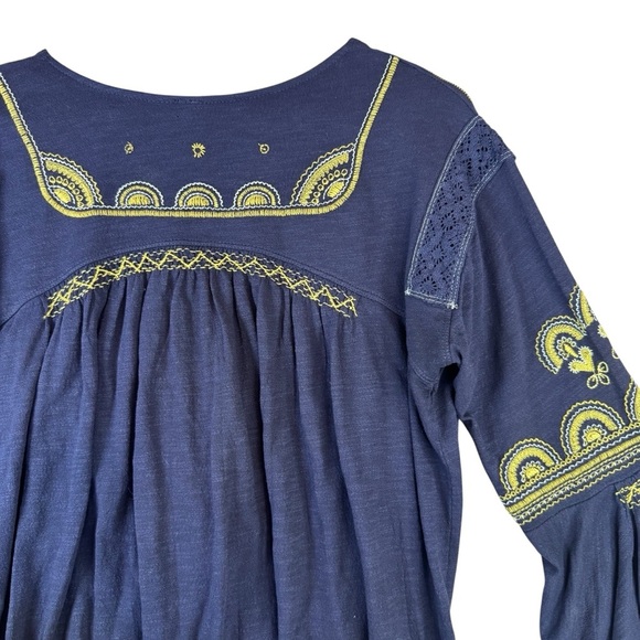 Free People Navy Blue Boho Yellow Embroidered Blouse - Picture 7 of 13